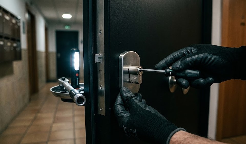 Especialista Cerrajero instalando cerradura anti-bumping de alta seguridad en un piso en el barrio de la Rochapea, Pamplona